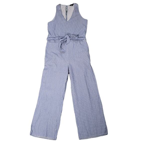 Drew Chambray Pinstripe Jumpsuit V Neck Crop Blue White Wide Leg Striped Medium - Picture 1 of 9